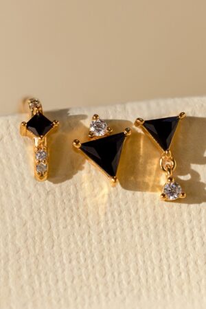 Caitlyn Minimalist Black Gemstone Triangle Earring Set Pave Diamond Hoop, Stud Earring