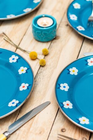 Enamelhappy Ocean Teal Blue Retro Floral Enamel Plates Perfect for Camping, Picnics, and Outdoor Adventures