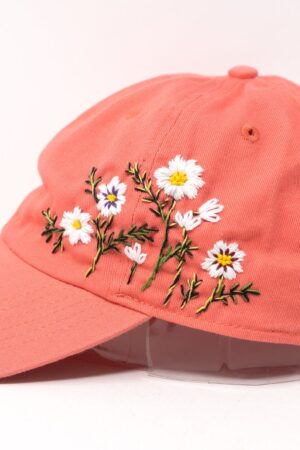 Blossom Beauty Hand-Embroidered Floral Washed Pink Baseball Cap for Women - Vintage Garden Blooms