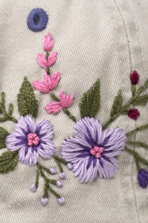 Two-Toned Purple Violet Washed Cotton Cap with Blossoms A Botanical Masterpiece for Fashion-Forward Women