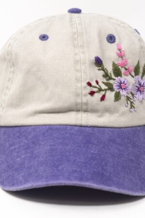 Two-Toned Purple Violet Washed Cotton Cap with Blossoms A Botanical Masterpiece for Fashion-Forward Women