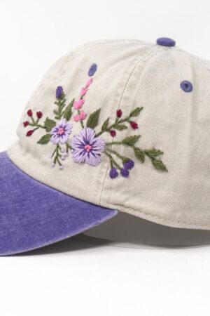 Two-Toned Purple Violet Washed Cotton Cap with Blossoms A Botanical Masterpiece for Fashion-Forward Women