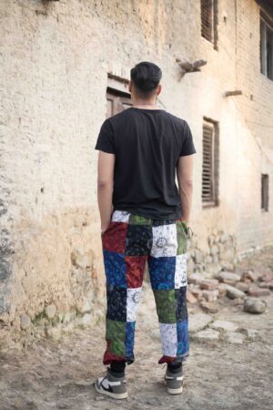 Celestial Tapestry Trousers Eco-Conscious Hippie Pants with Sun, Moon, and Mushroom Motifs