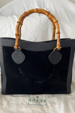 Timeless Elegance Vintage Gucci Diana Black Suede and Leather Handbag with Iconic Bamboo Handle