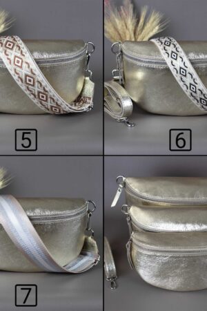 Gold Fanny Pack Interchangeable Wide Belt, Patterned Strap, Leather Crossbody, Silver Zipper Handbag