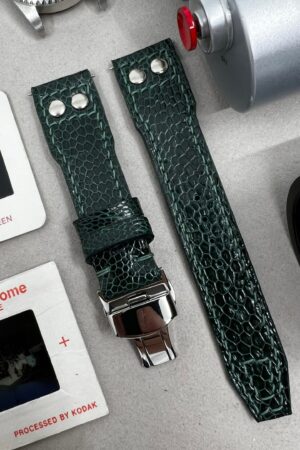 Green Ostrich Leg Leather Watch Strap for Big Pilot Watches with Silver Rivets (22mm/21mm)