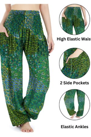 Enchanting Green Peacock Boho Pants Flowy, Comfy, and Ethically Made