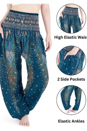 Smocked Waist Boho Pants Hippie Bohemian Style Trousers for Yoga, Aladdin, and Thai Wear