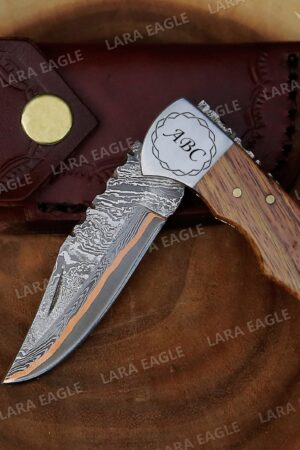 Copper Damascus Pocket Knife Handcrafted Masterpiece with Exotic Rose Wood Handle