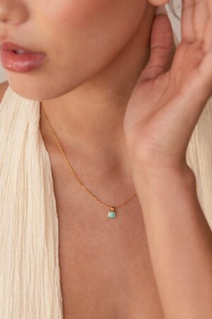 Turquoise Opal Pendant Necklace Minimalist Square Charm on Satellite Chain