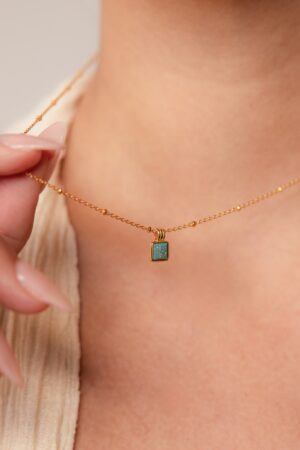 Turquoise Opal Pendant Necklace Minimalist Square Charm on Satellite Chain