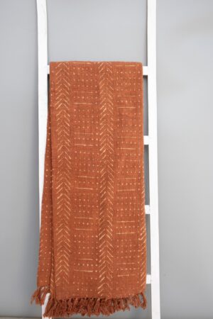 Rustic Charm Handcrafted Mud Cloth Cotton Blanket with Intricate Block Prints, Fringes, and Tassels