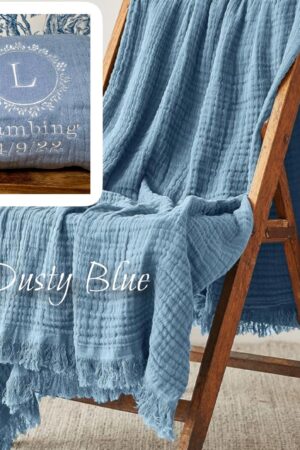 Personalized Muslin Throw Blanket Embroidered Message, Monogrammed Comfort