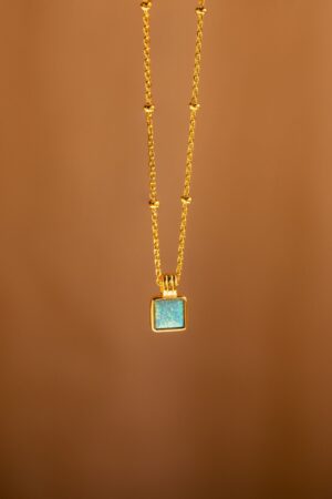 Turquoise Opal Pendant Necklace Minimalist Square Charm on Satellite Chain