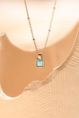 Turquoise Opal Pendant Necklace Minimalist Square Charm on Satellite Chain