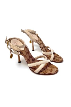 Authentic Gucci GG Monogram Canvas and Suede Strappy Stiletto Heels Sandals in Beige