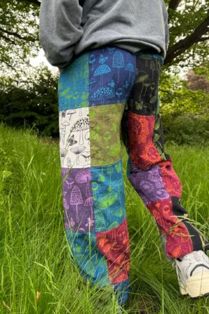 Celestial Tapestry Trousers Eco-Conscious Hippie Pants with Sun, Moon, and Mushroom Motifs