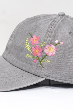 Sakura Blossom Embroidered Washed Cotton Baseball Cap for Summer