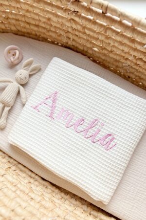 Personalized Muslin Waffle Blanket Embroidered Name for Baby Girl, Perfect for Baby Showers and Newborns