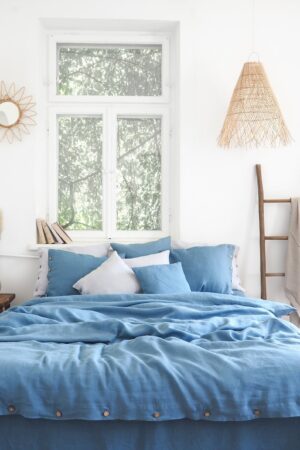 Indulge in Tranquil Slumber Blue Linen Duvet Cover for Serene Nights