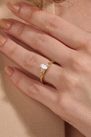 14k Gold Engagement Ring Minimalist Oval Solitaire with Simulated Diamond