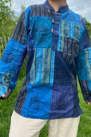 Patchwork Paradise Multi-Colored Blockprint Overdye Stonewash Nepali Shirt for Festival Vibes