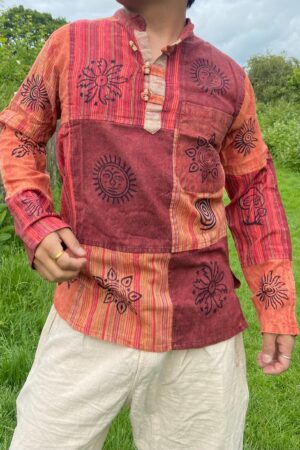 Patchwork Paradise Multi-Colored Blockprint Overdye Stonewash Nepali Shirt for Festival Vibes