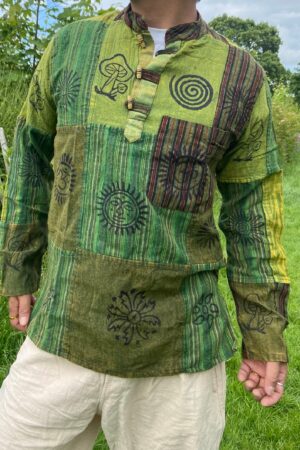 Patchwork Paradise Multi-Colored Blockprint Overdye Stonewash Nepali Shirt for Festival Vibes