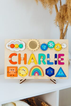 Personalized Montessori Busy Board Educational Shape Puzzle for Toddlers, Engraved with Name