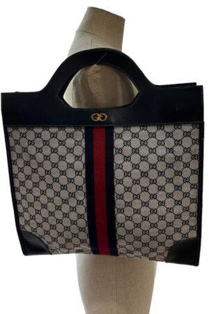 Authentic Vintage Gucci Blue Signature Canvas and Leather Top Handle Tote Bag