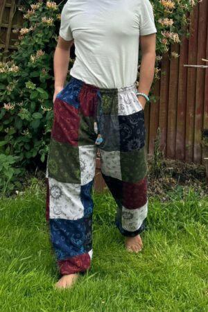 Celestial Tapestry Trousers Eco-Conscious Hippie Pants with Sun, Moon, and Mushroom Motifs