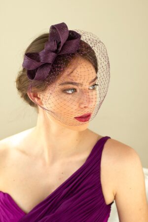 Enchanting Eggplant Fascinator A Birdcage of Elegance for Special Occasions