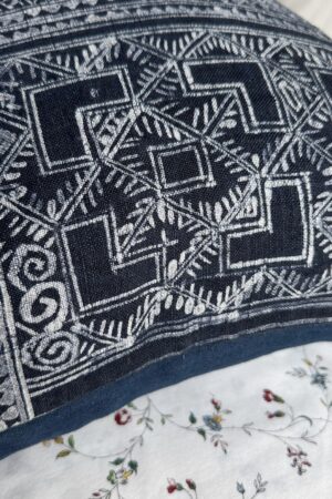 Handcrafted Indigo Hemp Pillow Cover with Vintage Hmong Patterns