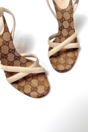 Authentic Gucci GG Monogram Canvas and Suede Strappy Stiletto Heels Sandals in Beige