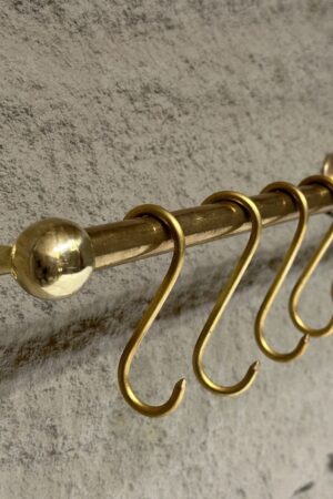 Unlacquered Brass Wall-Mounted Pot Rack with Hooks Elevate Your Kitchen with Timeless Elegance