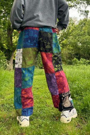 Celestial Tapestry Trousers Eco-Conscious Hippie Pants with Sun, Moon, and Mushroom Motifs