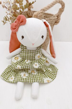 Adorable Handmade Bunny Rabbit Doll with Green Daisy Dress A Perfect Gift for Birthdays and Special Occasions