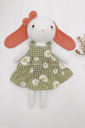 Adorable Handmade Bunny Rabbit Doll with Green Daisy Dress A Perfect Gift for Birthdays and Special Occasions