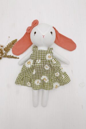 Adorable Handmade Bunny Rabbit Doll with Green Daisy Dress A Perfect Gift for Birthdays and Special Occasions