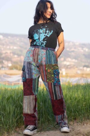 Patchwork Hippie Cotton Pants Unisex Mushroom Trousers for Festivals, Holidays, Yoga, and Summer | Ethically Made in Nepal