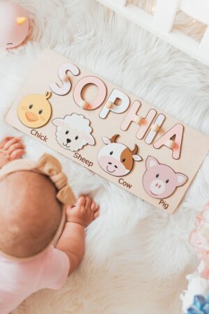 Personalized Safari Animal Name Puzzle Educational Montessori Toy for Toddlers, Custom Baby Shower or First Christmas Gift