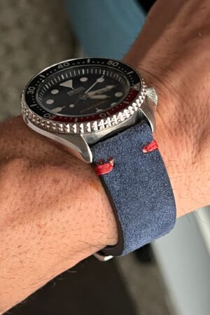 Premium Navy Blue Suede Leather Watch Strap with Red Stitching