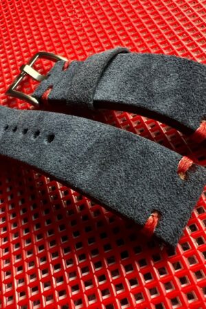 Premium Navy Blue Suede Leather Watch Strap with Red Stitching