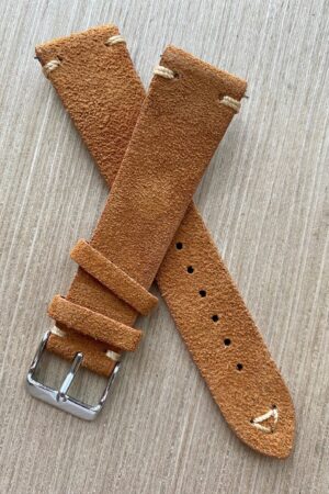 Vintage Charm Brown Suede Leather Watch Strap with Tan Stitching