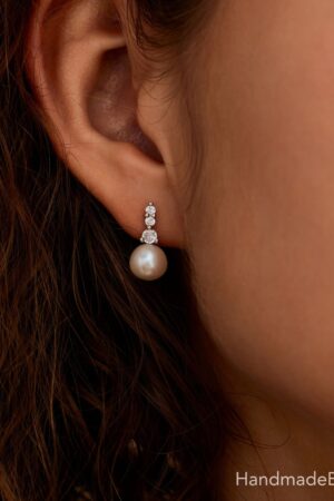 Shimmering Freshwater Pearl Drop Earrings with Diamond Accents A Bridal and Bridesmaid's Dream