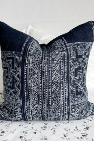 Handcrafted Indigo Hemp Pillow Cover with Vintage Hmong Patterns