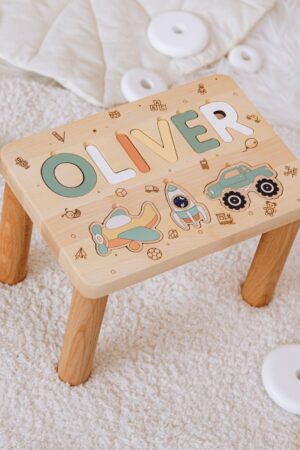 Personalized Wooden Step Stool Puzzle Montessori Toy for Toddlers, Kids Helper Chair, Custom Birthday Gift