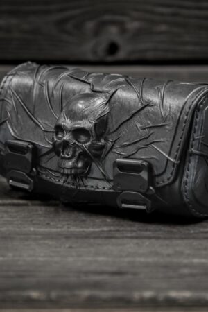 Skull-Emblazoned Leather Motorcycle Accessory Collection Fork Bag, Tool Bag, Front Bag, and Bar Bag