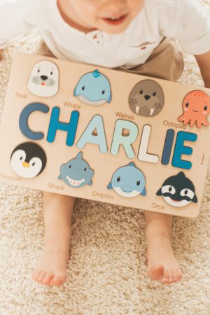 Personalized Safari Animal Name Puzzle Educational Montessori Toy for Toddlers, Custom Baby Shower or First Christmas Gift