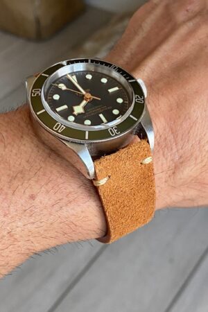 Vintage Charm Brown Suede Leather Watch Strap with Tan Stitching